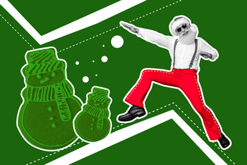 Artwork collage picture of excited black white colors aged santa dancing have good mood christmas cookies isolated on green background