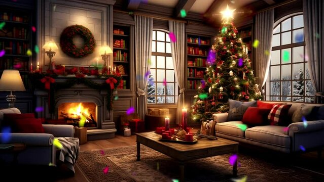 decorate the room at Christmas, seamless looping video background animation, cartoon anime style