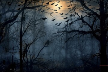 Eerie backdrop with crows perched on trees under a moonlit sky. Generative AI
