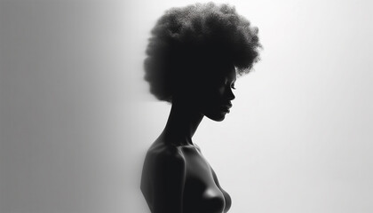 Beautiful portrait of proud African American black woman silhouette with afro curly hair on soft background. Copy space illustration of African American woman profile with afro ponytail hairstyle. - obrazy, fototapety, plakaty