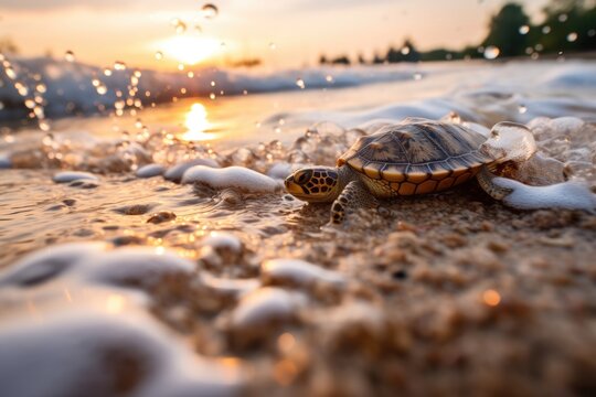 A baby sea turtle on tropical sand beach with water splash at sunset