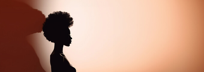 Beautiful portrait of proud African American black woman silhouette with afro curly hair on soft background. Copy space illustration of African American woman profile with afro ponytail hairstyle. - obrazy, fototapety, plakaty