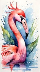 Flamingo in Watercolor. Generative AI