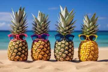 Pineapple with sunglasses placed on sand beach. Summer tropical vacation concept.