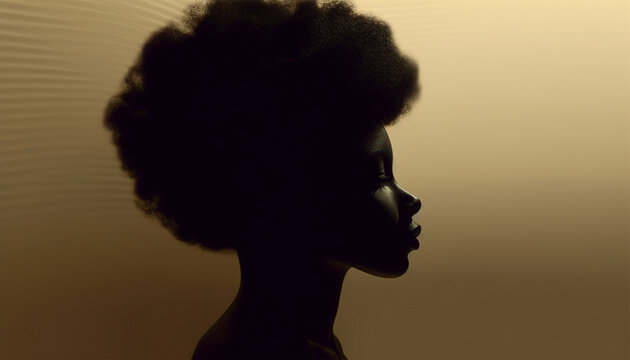Beautiful portrait of proud African American black woman silhouette with afro curly hair on soft background. Copy space illustration of African American woman profile with afro ponytail hairstyle.