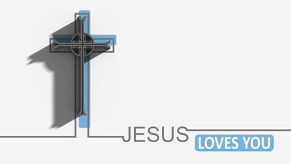 Cross and Jesus loves you text in thin lines style - obrazy, fototapety, plakaty