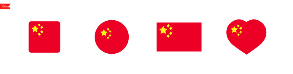 National flag of China. China flag icons in the shape of a square, circle, heart. Isolated flags for language selection. Vector icons