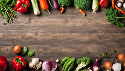 Various vegetables in the center of the image, on a wooden table - obrazy, fototapety, plakaty