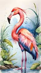 Naklejka premium Flamingo in Watercolor. Generative AI