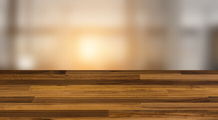 Open space office interior with like conference room. Mockup. 3D rendering. Sunset., Background with empty wooden table. Flooring.