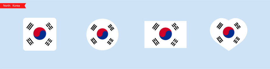 National flag of North Korea. North Korea flag icons in the shape of square, circle, heart. Isolated flags for language selection. Vector icons - obrazy, fototapety, plakaty