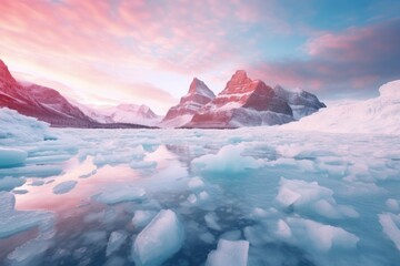 Fototapeta premium Beautiful lake at sunrise with foggy Winter forest mountain covered by heavy snow and ice. Winter seasonal concept.