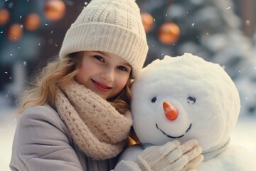 Portrait of a girl and a snowman in snow field in Winter. Winter seasonal concept.