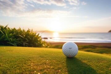 Close-up view of a golf ball on grass lawn ground in luxury vacation resort. Summer tropical vacation concept. - 673833733