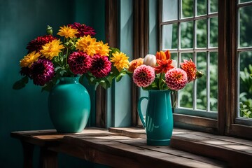 Fototapeta na wymiar A bouquet of dahlia and tulip flowers, placed in a teal ceramic vase, on a wooden surface, near an open window. ,