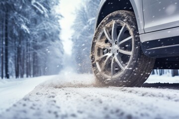 Fototapeta na wymiar Road trip with car in winter. Winter seasonal concept.