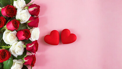 red hearts on a pink background with red and white roses