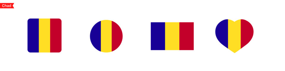 National flag of Chad. Chad flag icons in the shape of square, circle, heart. Isolated flags for language selection. Vector icons