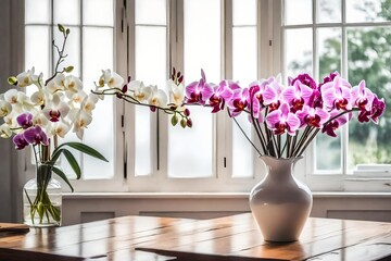 A bouquet of orchid and carnation flowers, placed in an ivory ceramic vase, on a wooden surface, near an open window. - obrazy, fototapety, plakaty
