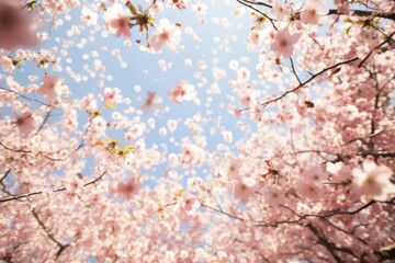 Beautiful pink petals flying in air in blooming cherry blossom woods in Spring. Spring seasonal concept.