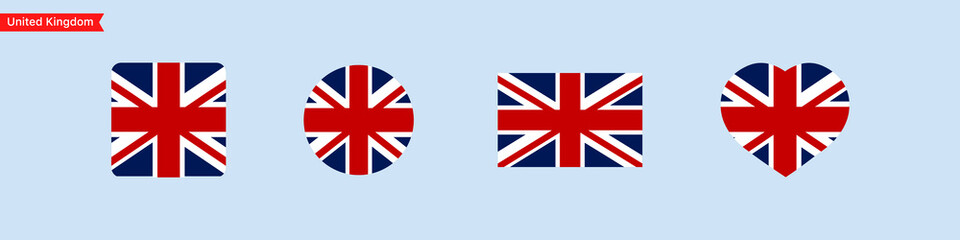 National flag of United Kingdom. UK flag icons in the shape of square, circle, heart. Isolated flags for language selection. Vector icons
