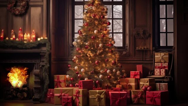 christmas fireplace video  featuring christmas tree in cottage punk style with presents underneath the tree on christmas eve (video contains AI generated images)