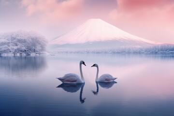 Two swan in lake in winter with snow at sunrise.