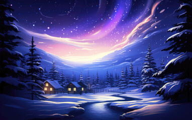 Winter night landscape with a house in the woods and a river