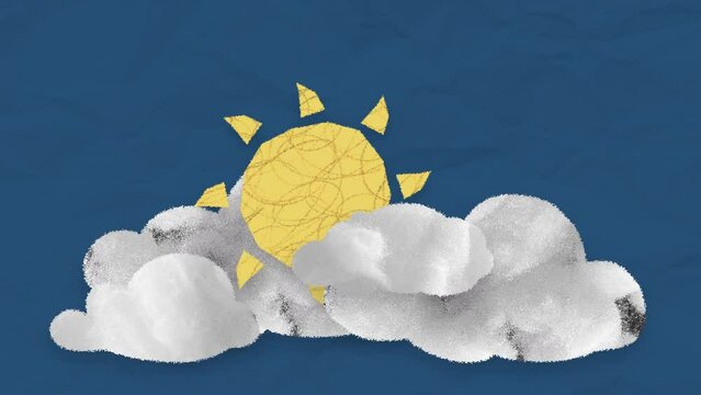Clouds and sun. Paper cut collage illustration in modern stop motion style. Minimal abstract graphic design. 4K cartoon animation.