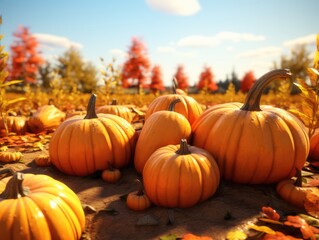 Naklejka na ściany i meble Fresh pumpkin in field. Autumn seasonal concept.