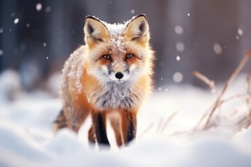 Beautiful red fox stand in wild in Winter with snow.