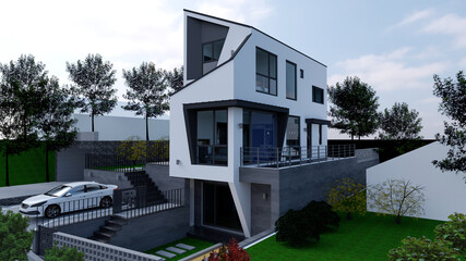modern house in the garden, rendering of a modern house with trees and blue sky