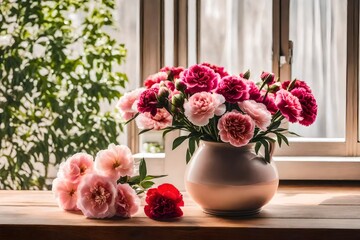 A bouquet of carnation and peony flowers, placed in a beige ceramic vase, on a wooden surface, near an open window.