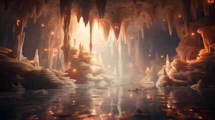 Obraz premium An awe-inspiring image of a vast underground chamber adorned with magnificent stalactites and stalagmites, bathed in soft, ethereal lighting.