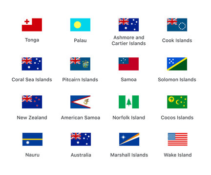 Flags of the countries Oceania continent. Isolated flags of Oceania continent. Color flags Oceania countries. Vector icons