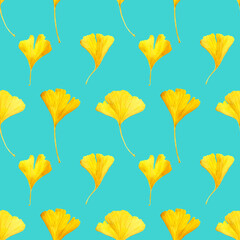 Seamless pattern of Ginkgo biloba leaves. Hand drawn watercolour illustration. Yellow plants on blue green background.	