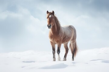 A horse stand in snow in winter woods.