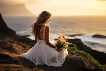 Badkamer foto achterwand Strand zonsondergang Lovely graceful lady sit by beach with a wedding floral boutique at sunset with beautiful seascape. Summer tropical vacation concept.