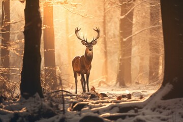 Male deer with antlers stand in sunny winter forest with snow.