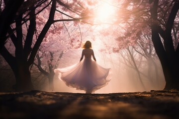 Graceful woman with long skirt walking in foggy beautiful blooming cherry blossom woods with pink petals in air and on ground in Spring. Spring seasonal concept. - obrazy, fototapety, plakaty