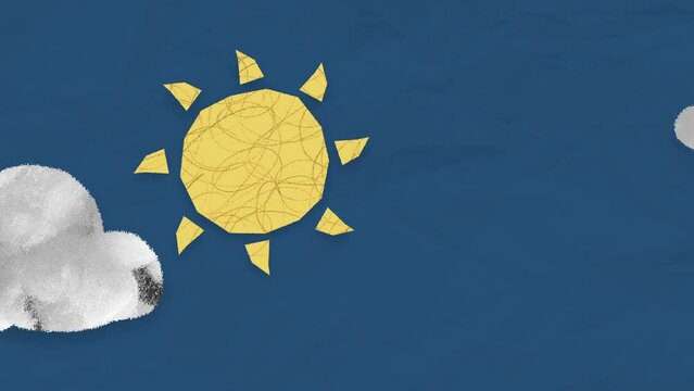 Clouds and sun. Paper cut collage illustration in modern stop motion style. Minimal abstract graphic design. 4K cartoon animation.