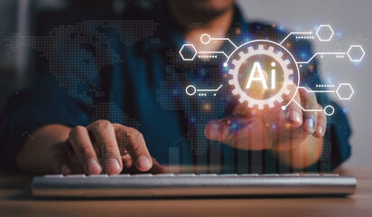 Ai Artificial Intelligence concept businessman using tablet with new technology big data and business process strategy,  and processing, technology, sales, service, industry to the future.