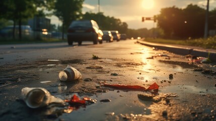Close up photo of rubbish scattered on the city highway