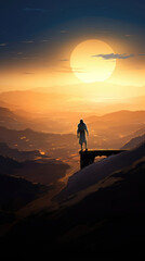 Obraz premium Silhouette of a man standing and looking at the sunset in the desert