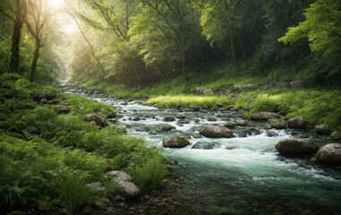 Obraz premium Beautiful river stream in the deep green forest