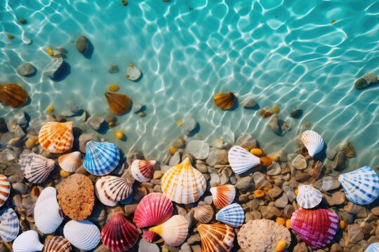 Close-up view of colorful shells in sea water. Summer tropical vacation concept.