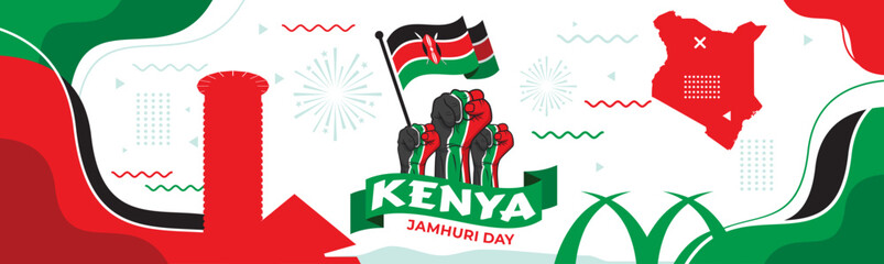 Kenya national day banner with Kenyan flag and map colors theme background  - obrazy, fototapety, plakaty