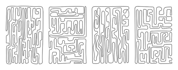 Set of abstract shapes. Hand drawn labyrinth illustrations. Ink painting style composition conscious line.
