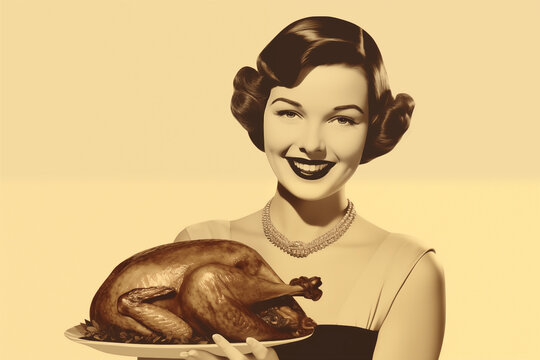 sepia brunette housewife woman holding thanksgiving turkey in vintage advertising 