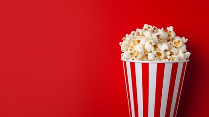 Cinema Popcorn Strtiped Box. Red Border Background. Watching Movies Concept. Flat Lay Still Life Image.